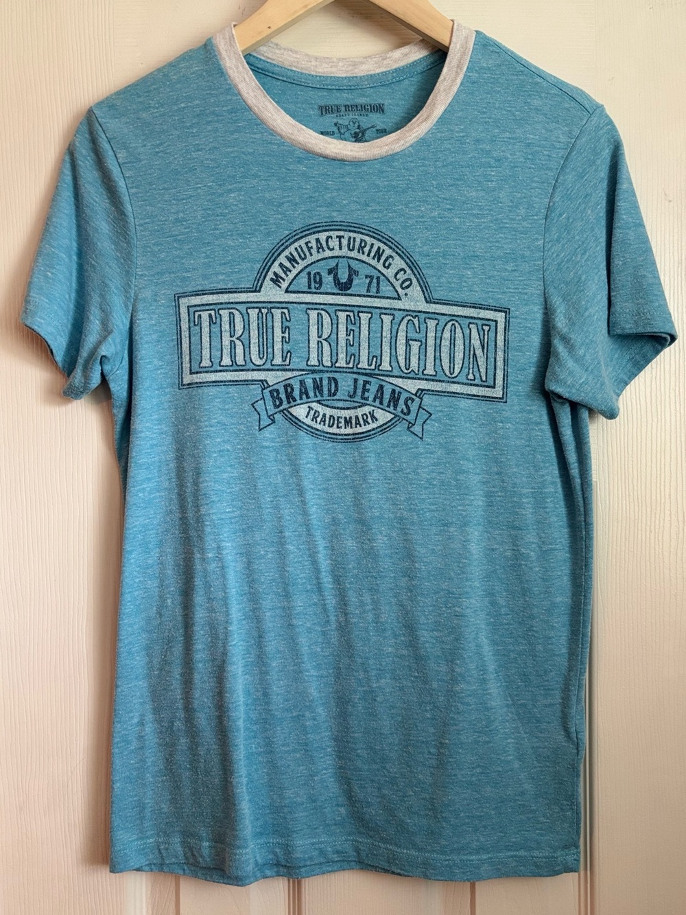 True Religion Teal Logo Crewneck Ringer Tee